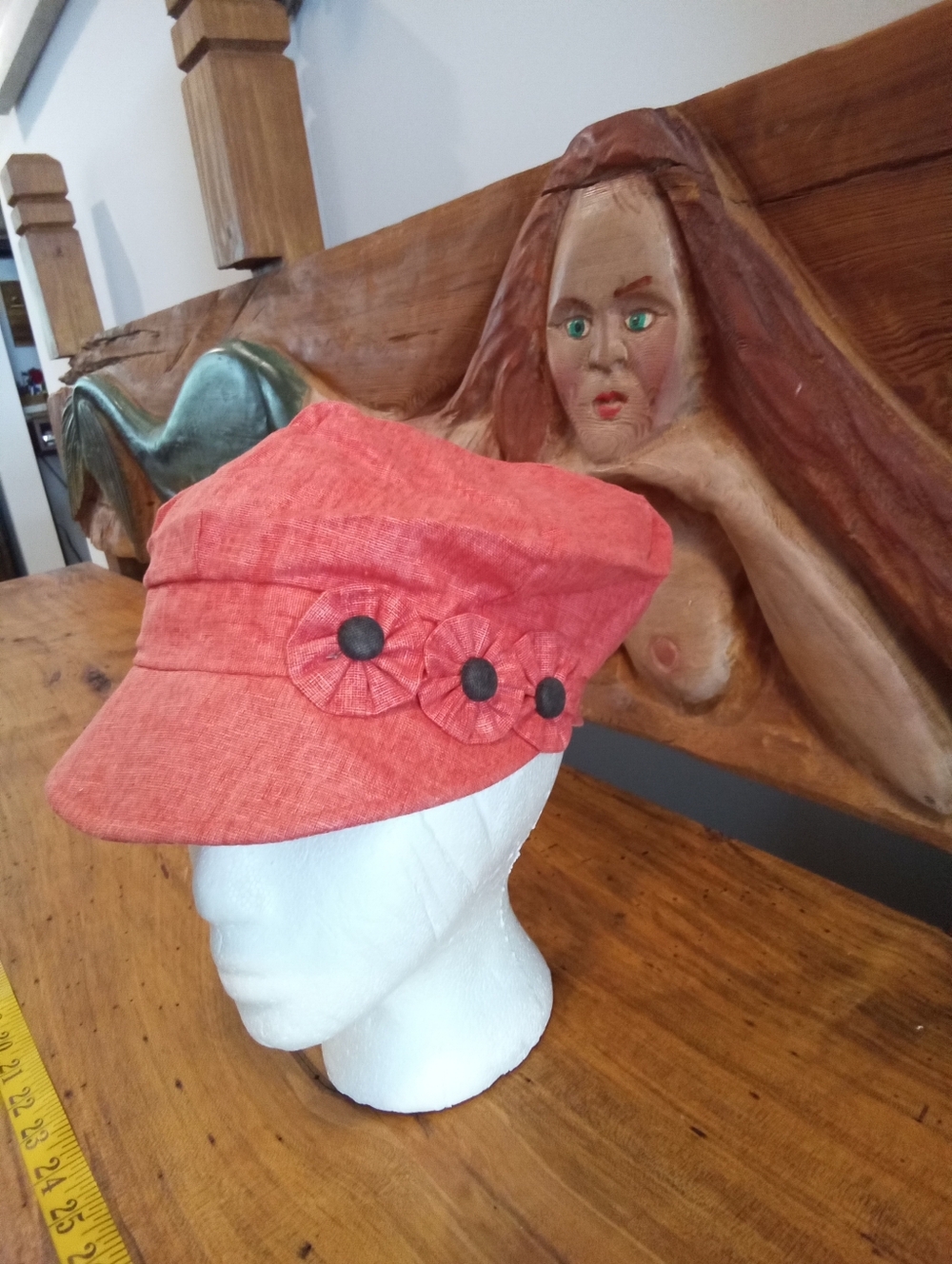 Coral Colored Linen-Blend Cadet Cap with Floral Accents
